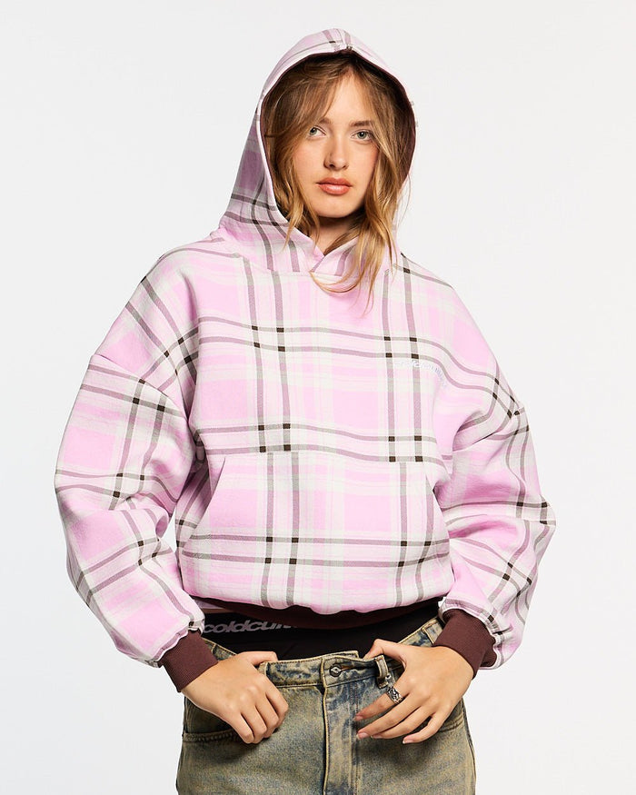 TWO FACES HOODIE BROWN & PINK - pink plaid hoodie, front view on female model - Cold Culture #woman