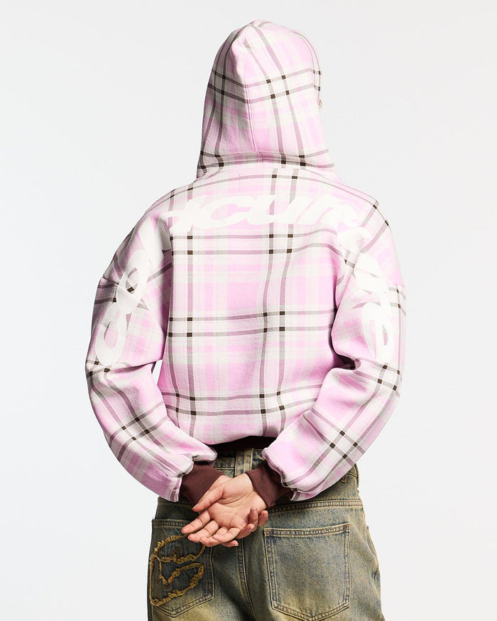 TWO FACES HOODIE BROWN & PINK - pink plaid hoodie, back view on female model - Cold Culture #woman