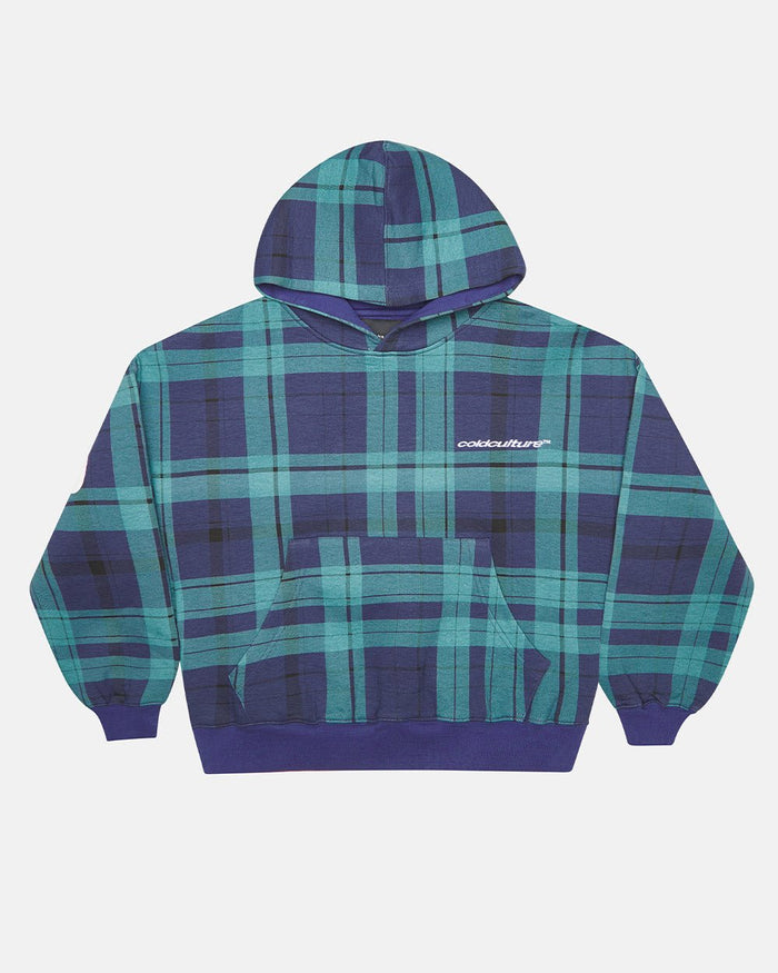 TWO FACES HOODIE NAVY & GREEN - navy and green plaid hoodie, front view - Cold Culture