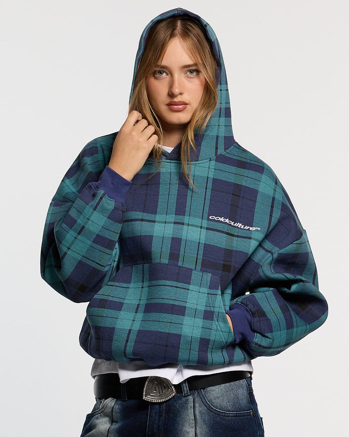 TWO FACES HOODIE NAVY & GREEN - navy and green plaid hoodie, front view on female model - Cold Culture #woman