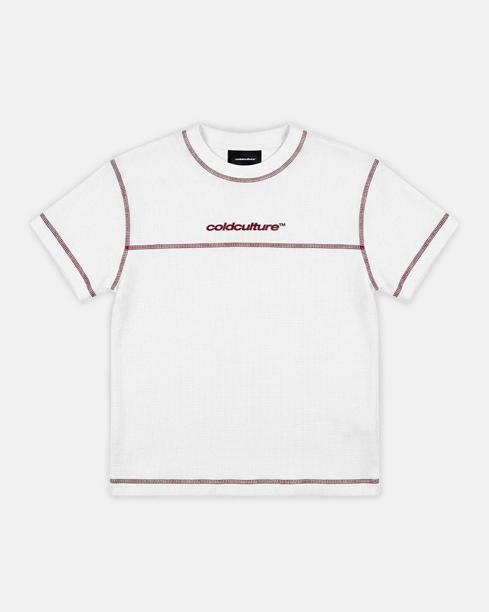 UNDERSKIN TEE WHITE - white contrast stitch tee, front view - Cold Culture