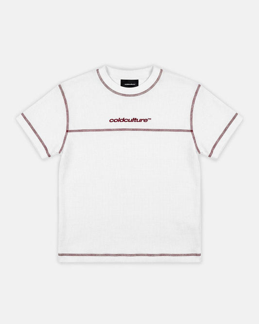 UNDERSKIN TEE WHITE - white contrast stitch tee, front view - Cold Culture