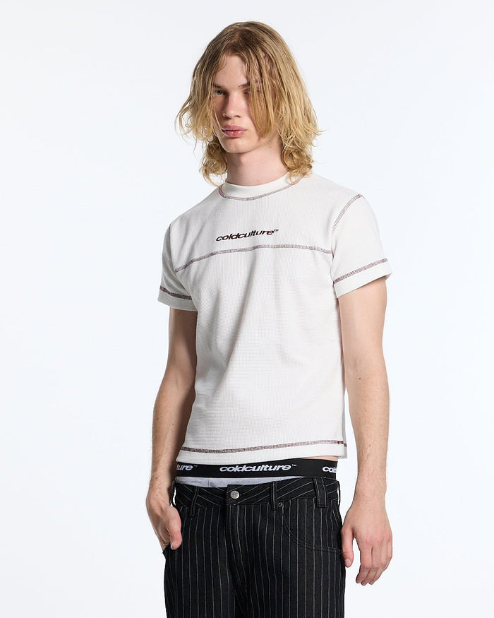 UNDERSKIN TEE WHITE - white contrast stitch tee, front view on male model - Cold Culture #man