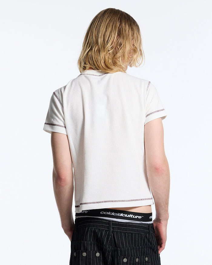 UNDERSKIN TEE WHITE - white contrast stitch tee, back view on male model - Cold Culture #man