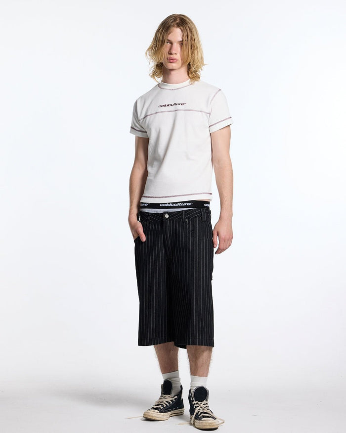 UNDERSKIN TEE WHITE - white contrast stitch tee, front view on male model - Cold Culture #man