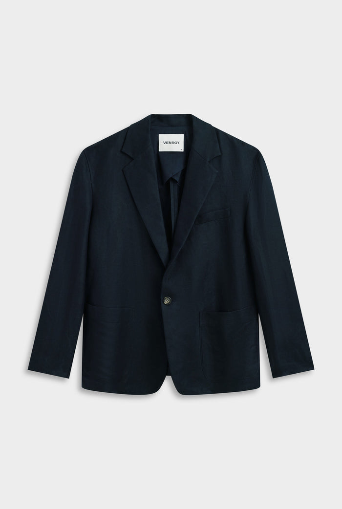 Venroy Unstructured Silk Linen Blazer - Navy