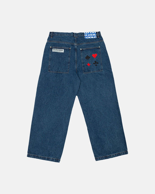 V2 PANTS BLUE DENIM - blue baggy denim pants, back view - Cold Culture
