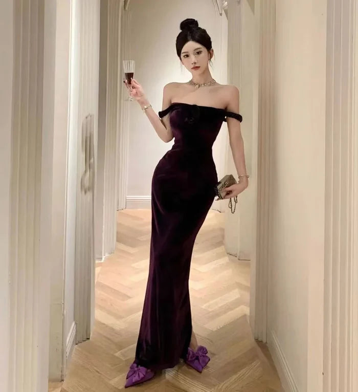 Velvet Sleeveless Long One-piece Dress Gown Purple Women Elegant Party Maxi Dress