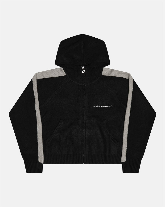 VIBRANT TEDDY KNIT BLACK - black zip-up knit sweater, front view - Cold Culture