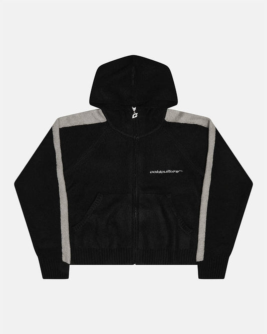 VIBRANT TEDDY KNIT BLACK - black zip-up knit sweater, front view - Cold Culture