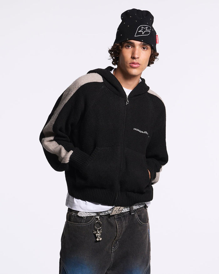 VIBRANT TEDDY KNIT BLACK - black zip-up knit sweater, front view on male model - Cold Culture #man