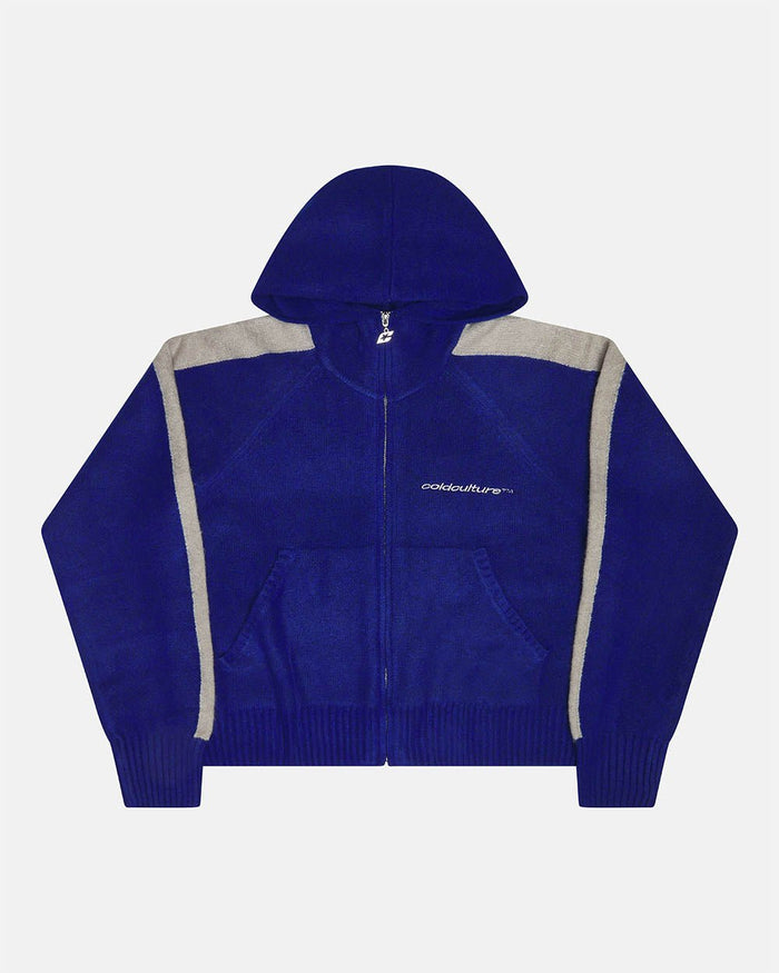 VIBRANT TEDDY KNIT BLUE - royal blue zip-up knit sweater, front view - Cold Culture