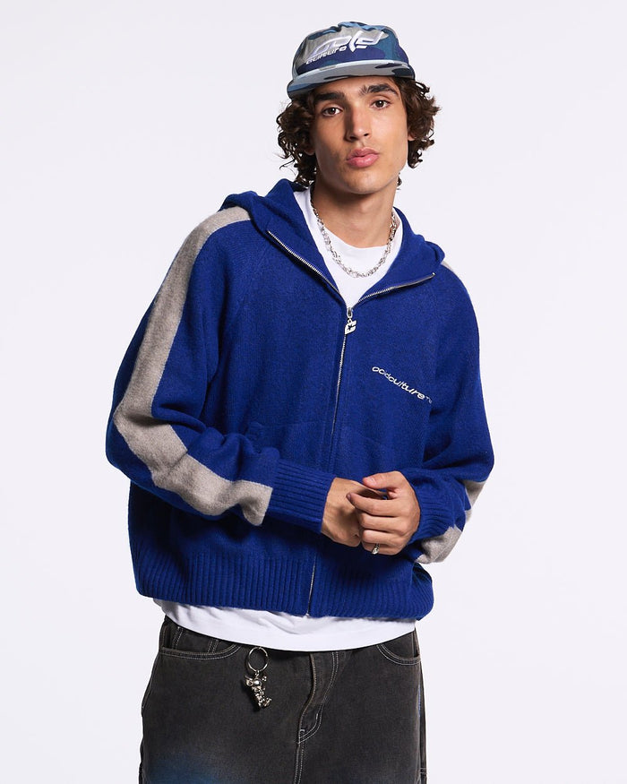 VIBRANT TEDDY KNIT BLUE - royal blue zip-up knit sweater, front view on male model - Cold Culture #man