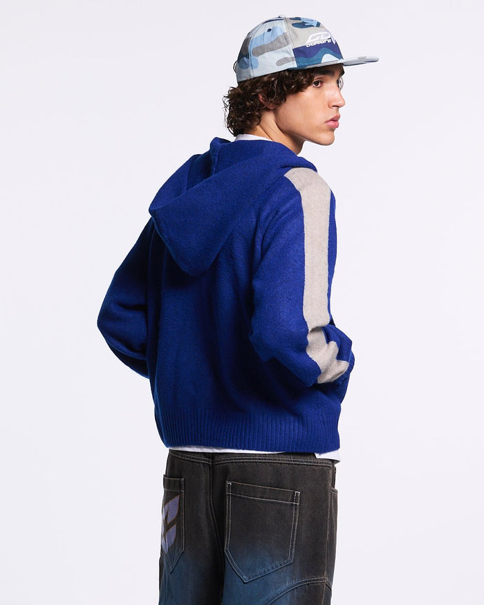 VIBRANT TEDDY KNIT BLUE - royal blue zip-up knit sweater, back view on male model - Cold Culture #man