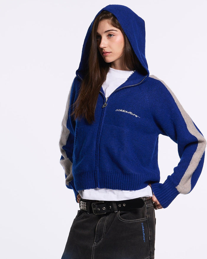 VIBRANT TEDDY KNIT BLUE - royal blue zip-up knit sweater, front view on female model - Cold Culture #woman