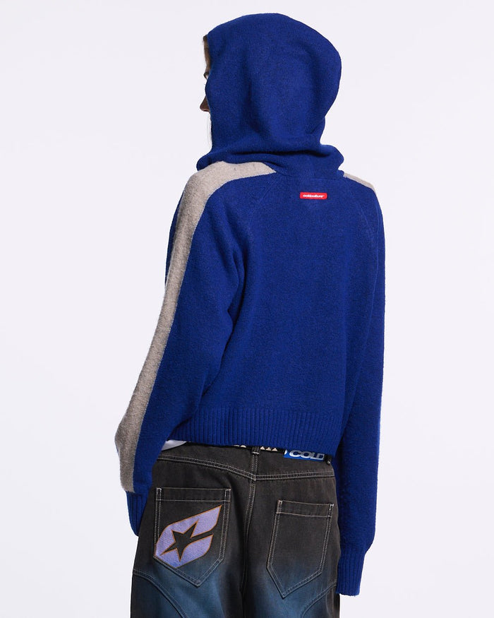 VIBRANT TEDDY KNIT BLUE - royal blue zip-up knit sweater, back view on female model - Cold Culture #woman