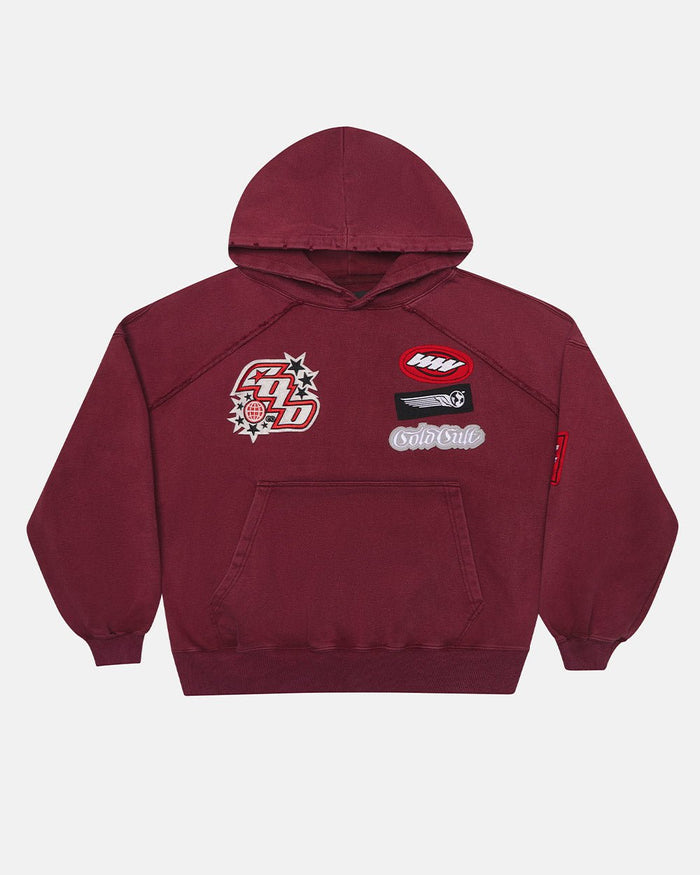 WALKER HOODIE BURGUNDY - burgundy hoodie with patches, front view - Cold Culture