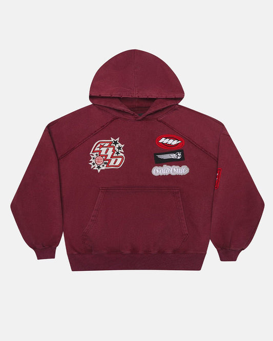 WALKER HOODIE BURGUNDY - burgundy hoodie with patches, front view - Cold Culture