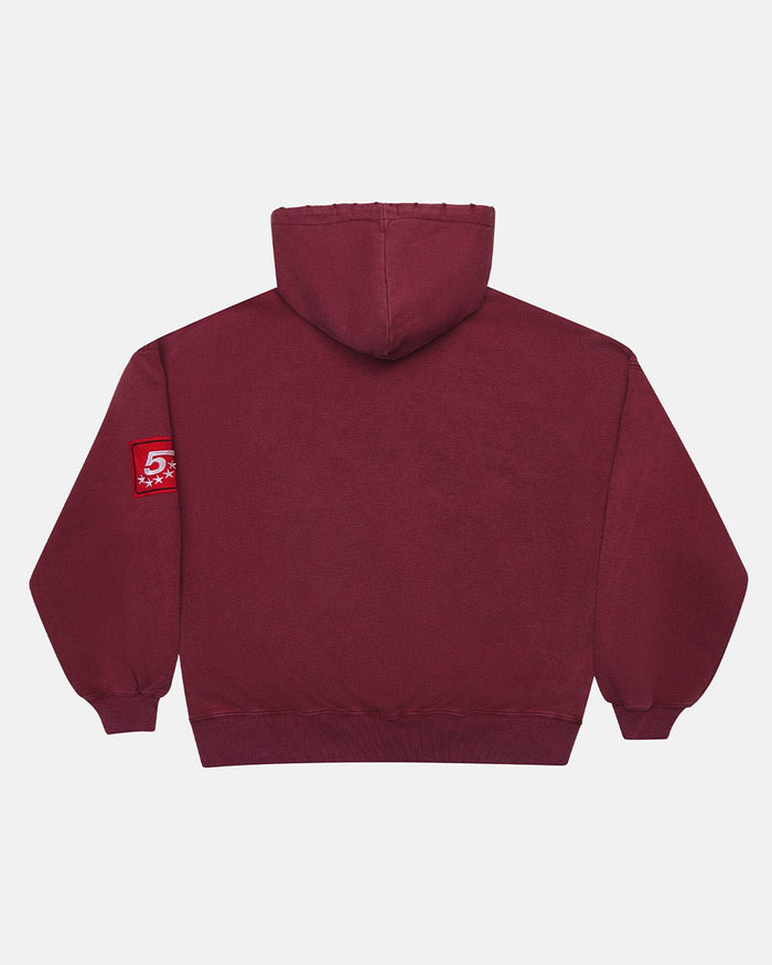 WALKER HOODIE BURGUNDY - burgundy hoodie with patches, back view - Cold Culture
