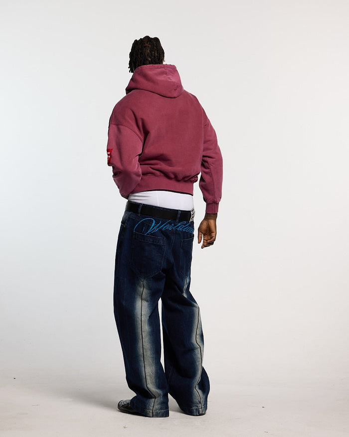 WALKER HOODIE BURGUNDY - burgundy hoodie with patches, back view on male model - Cold Culture #man