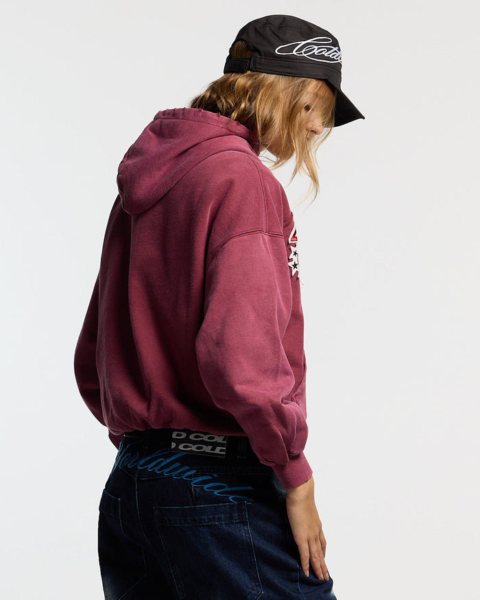 WALKER HOODIE BURGUNDY - burgundy hoodie with patches, back view on female model - Cold Culture #woman