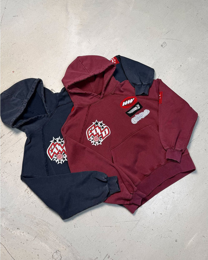 WALKER HOODIE BURGUNDY - burgundy hoodie with patches, flat lay with matching pieces - Cold Culture