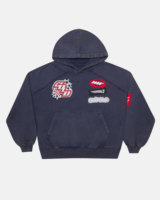 WALKER HOODIE DARK BLUE - dark blue hoodie with patches, front view - Cold Culture