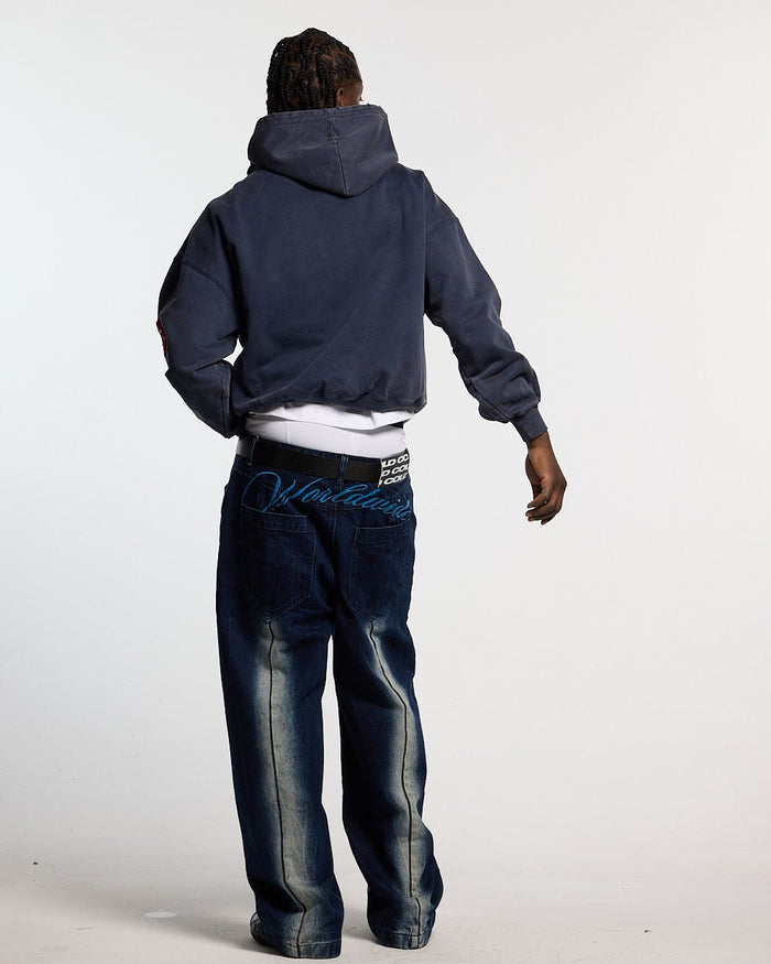 WALKER HOODIE DARK BLUE - dark blue hoodie with patches, back view on male model - Cold Culture #man