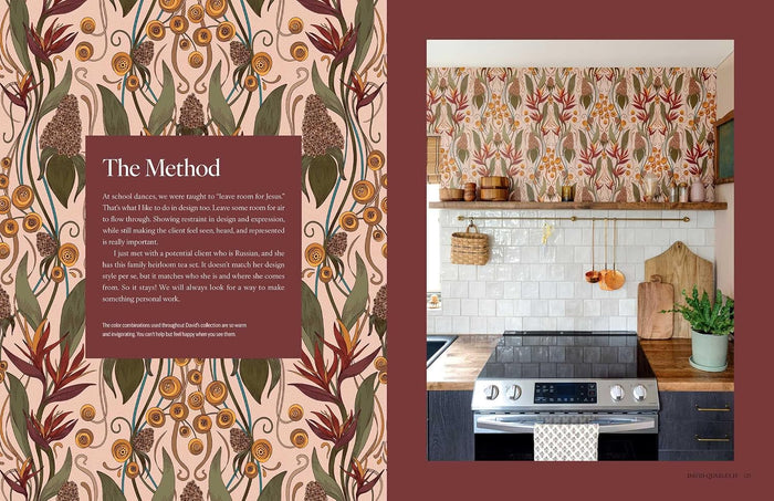 A split-page design layout featuring a botanical patterned wallpaper sample on the left with the text 'The Method,' and a styled kitchen interior on the right showing the wallpaper in use above a stove and cabinets.