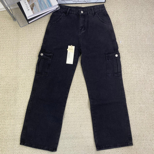 Washed multi-pocket straight-leg work pants
