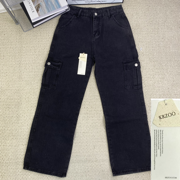 Washed multi-pocket straight-leg work pants