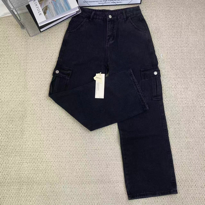 Washed multi-pocket straight-leg work pants