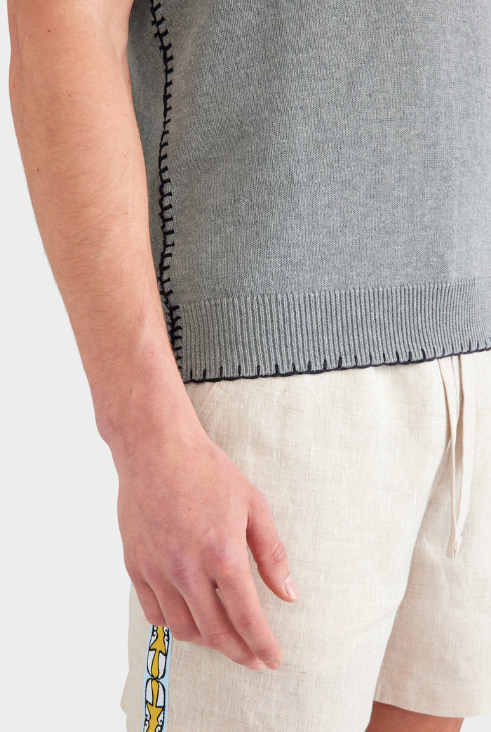 Whipstitch Chunky Cotton Knit Polo - Grey Marl/Black