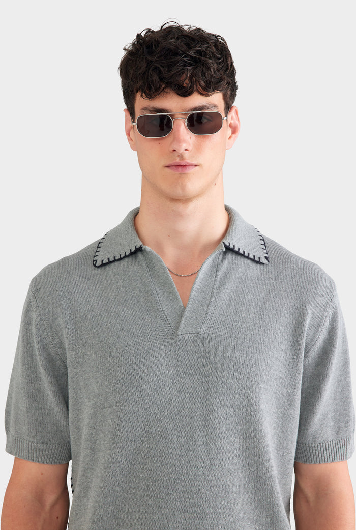 Whipstitch Chunky Cotton Knit Polo - Grey Marl/Black