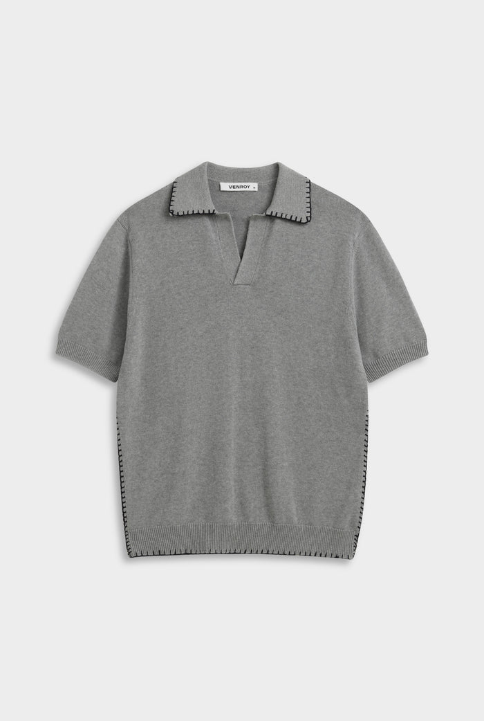 Whipstitch Chunky Cotton Knit Polo - Grey Marl/Black