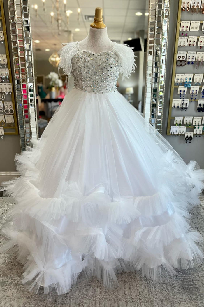White Beaded A-Line Multi-Layer Girl Pageant Dress with Feathers
