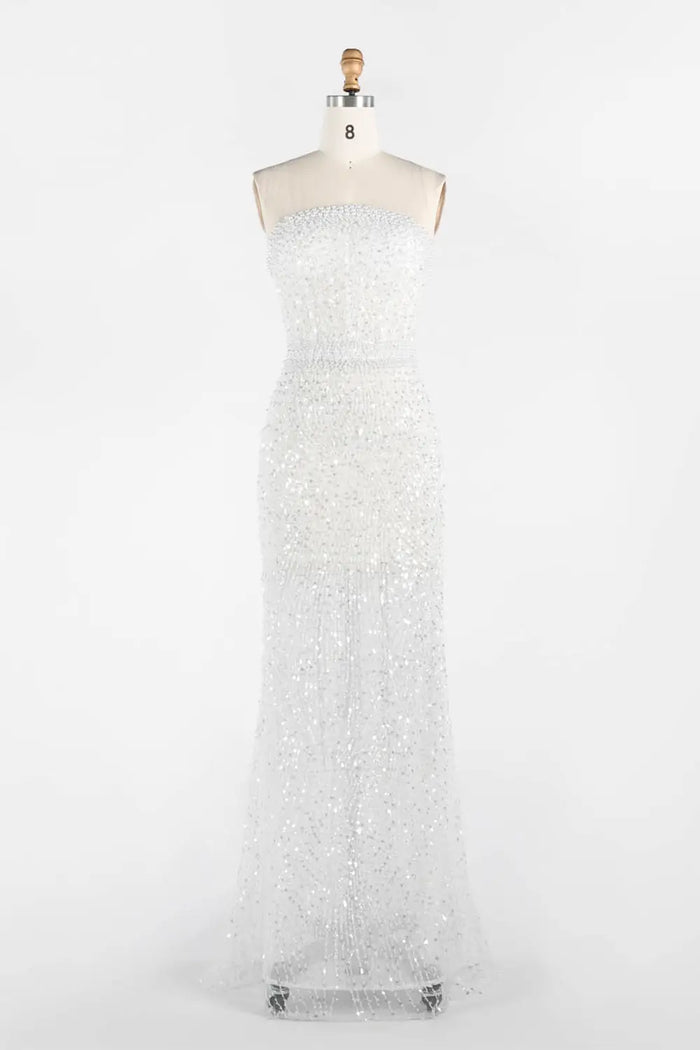 White Beading Strapless Evening Dress Pearl Beaded Mermaid Prom Dress ST014 Sheer Fairy