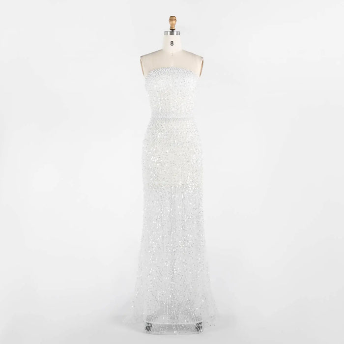 White Beading Strapless Evening Dress Pearl Beaded Mermaid Prom Dress ST014 Sheer Fairy