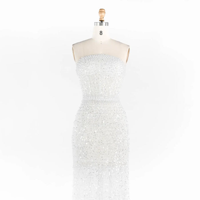 White Beading Strapless Evening Dress Pearl Beaded Mermaid Prom Dress ST014 Sheer Fairy