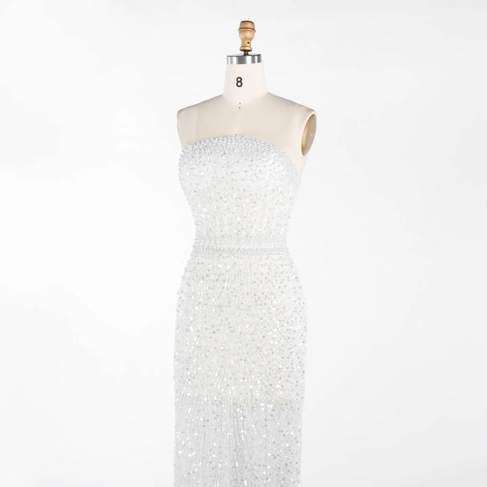 White Beading Strapless Evening Dress Pearl Beaded Mermaid Prom Dress ST014 Sheer Fairy