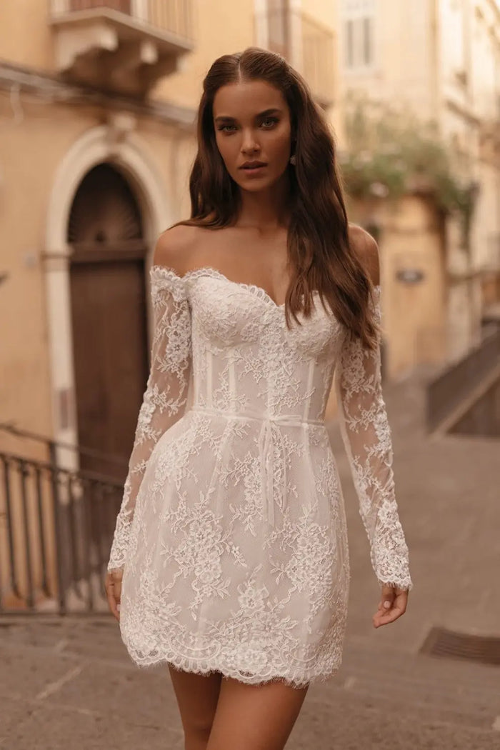 White Lace Long Sleeve Off-the-Shoulder Mini Wedding Dress SW170 Sheer Fairy