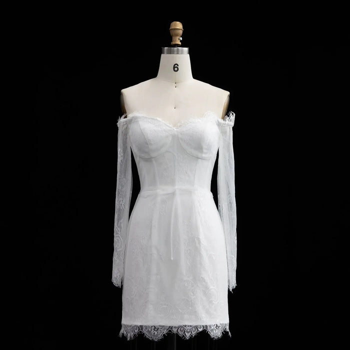 White Lace Long Sleeve Off-the-Shoulder Mini Wedding Dress SW170 Sheer Fairy