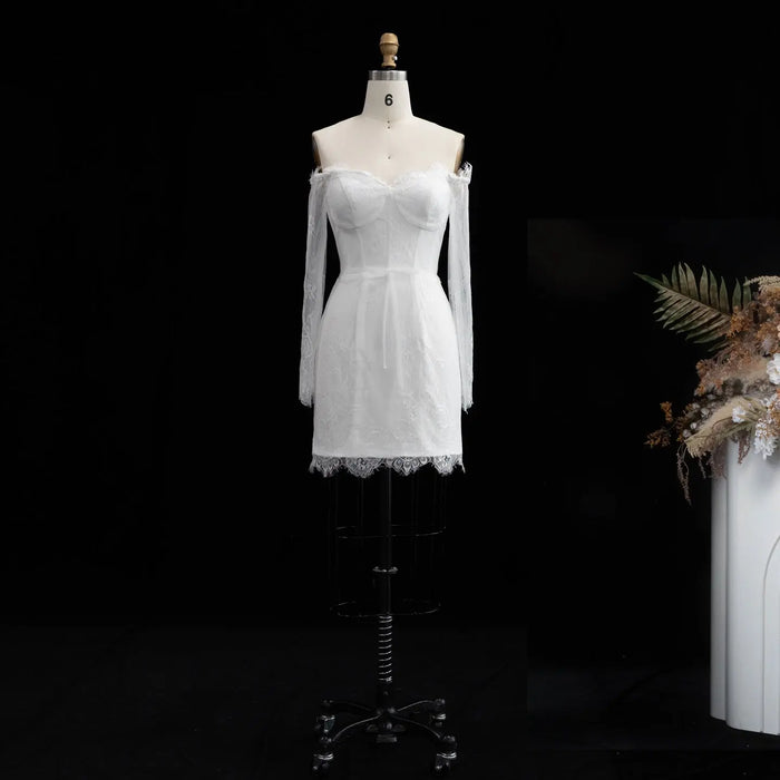 White Lace Long Sleeve Off-the-Shoulder Mini Wedding Dress SW170 Sheer Fairy