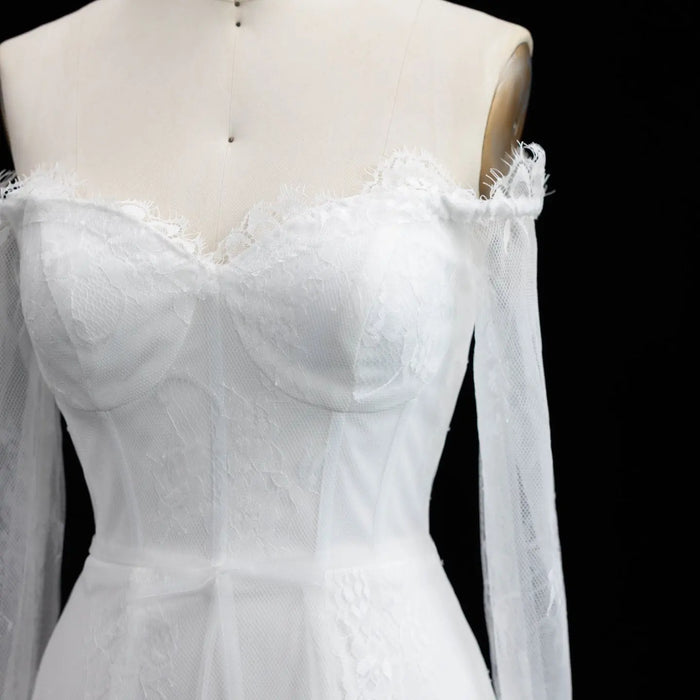 White Lace Long Sleeve Off-the-Shoulder Mini Wedding Dress SW170 Sheer Fairy