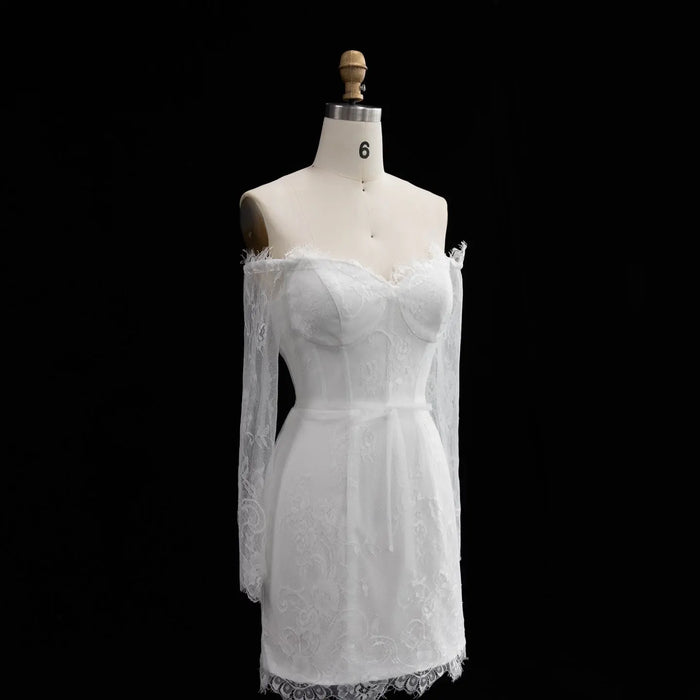 White Lace Long Sleeve Off-the-Shoulder Mini Wedding Dress SW170 Sheer Fairy