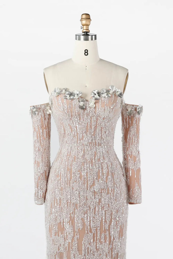 White Nude Linear Sequin Off Shoulder Formal Evening Gown ST035 Sheer Fairy