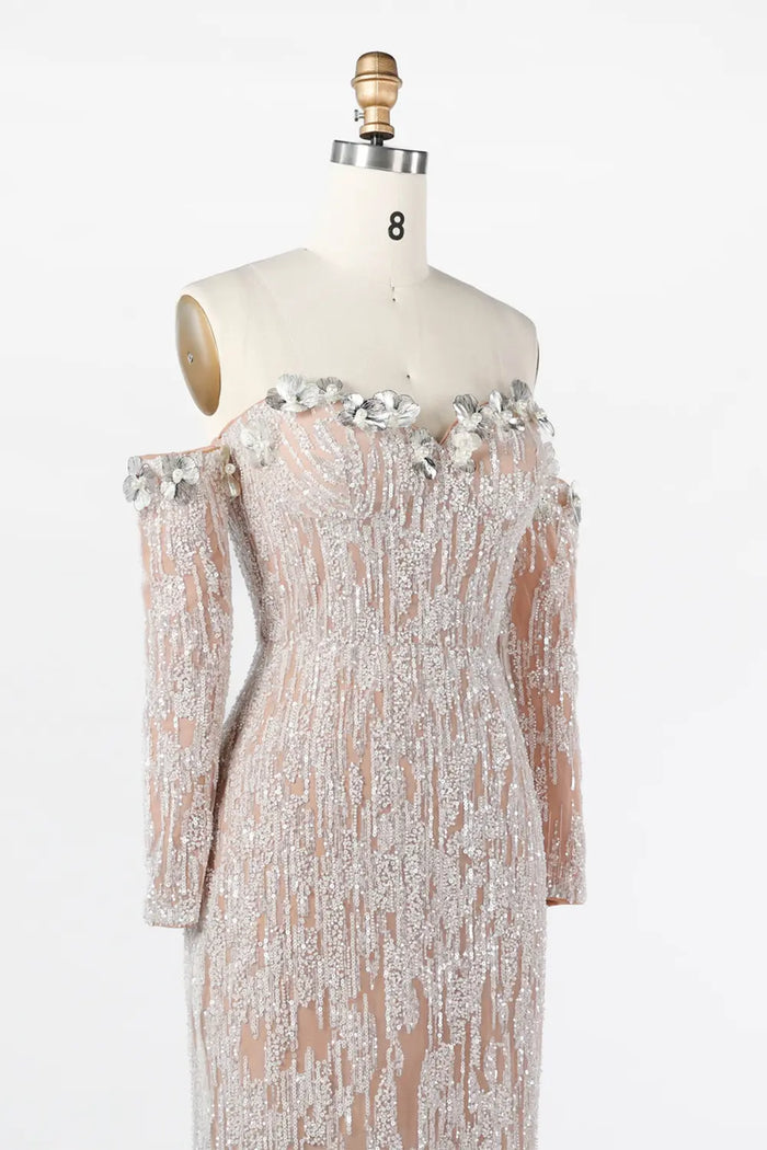 White Nude Linear Sequin Off Shoulder Formal Evening Gown ST035 Sheer Fairy