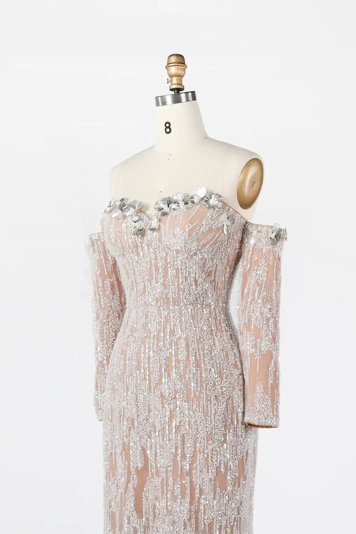 White Nude Linear Sequin Off Shoulder Formal Evening Gown ST035 Sheer Fairy