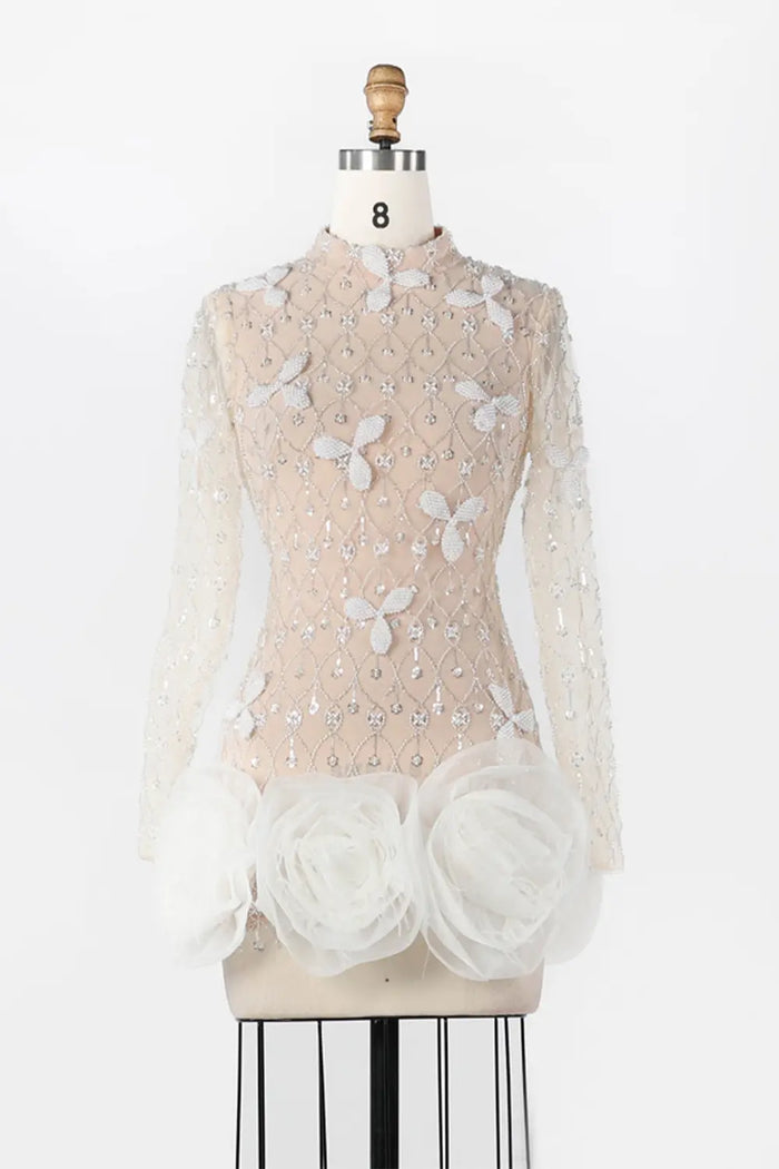 White Nude Long Sleeve Beaded 3D Floral Hem Mini Evening Dress ST037 Sheer Fairy