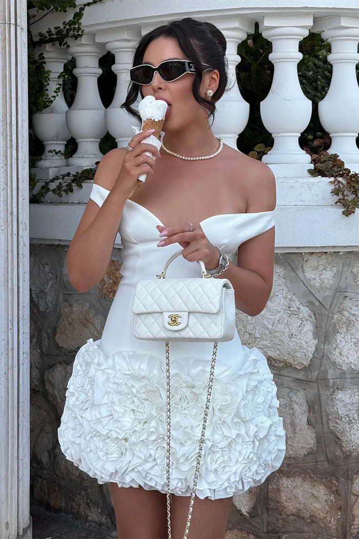 White Off the Shoulder 3D Ruffle Bubble Hem Mini Dress Cocktail Party Dress RM256 Sheer Fairy